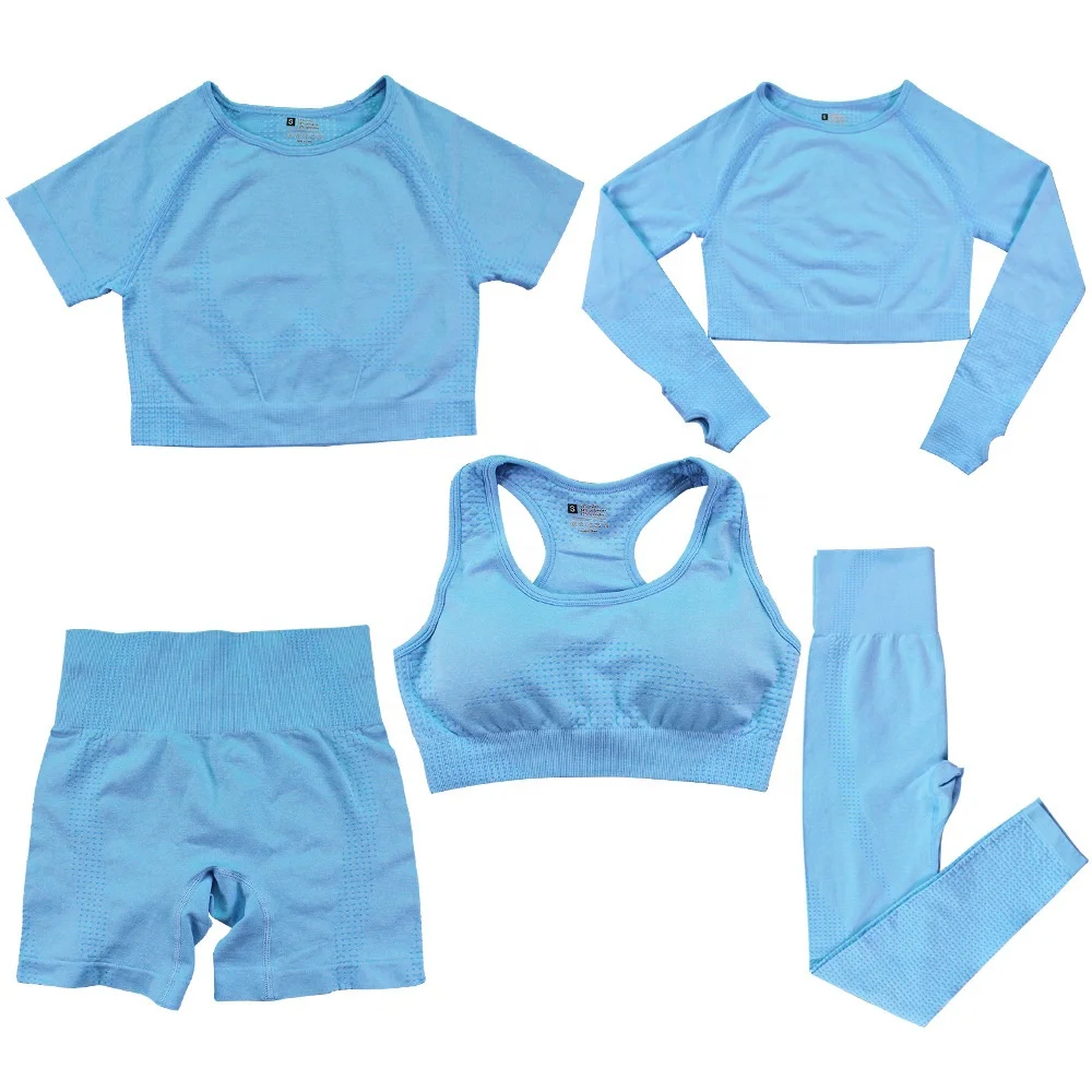 5PCS Seamless Gym Fitness Sets Yoga Set Custom Activewear Outfits Women Workout Clothing Long Sleeve Leggings