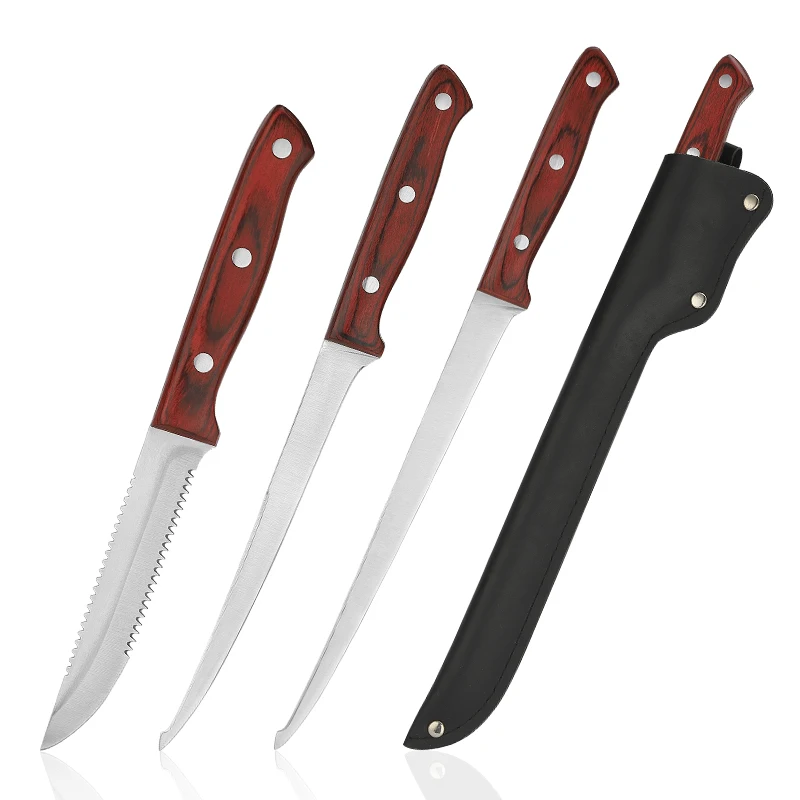 Premium New Design 4Pcs Fishing Knife Set With Pakka wood Handle Rust-restant Stainless Steel Fishing Cutting Fillet Knife