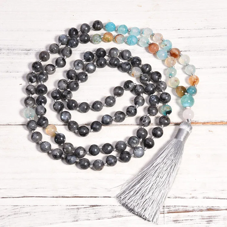 108 Mala Beads Necklace 8Mm Agate Labradorite Meditation Necklace Bohemian Hand Knotted Tassel Necklace