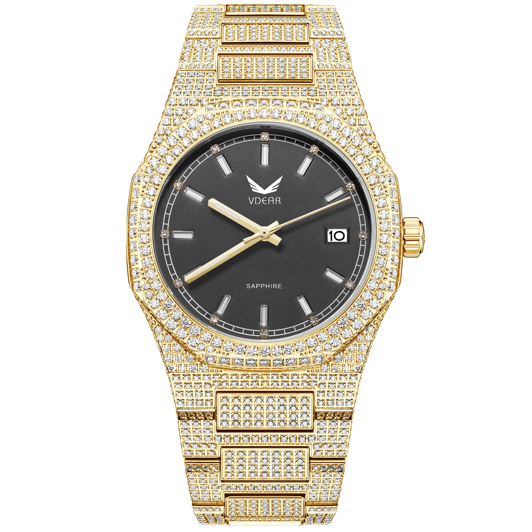 VDEAR Custom Quality Sapphire Crystal Full Mossinate Diamond Bezel Watch Men Luxury