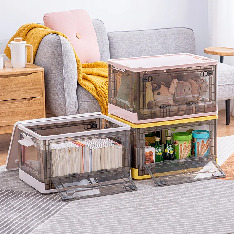 Wholesale Folding Transparent Container Side Door Plastic Toy Chest Storage Box With Wheels