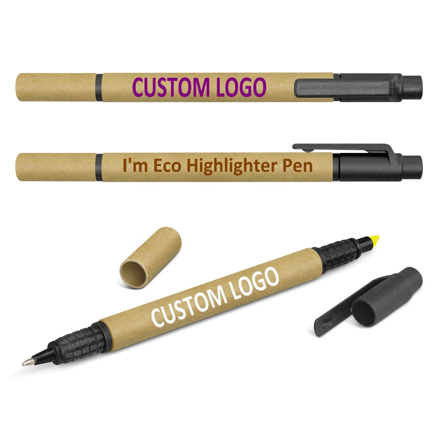 Eco Green Paper cardboard barrel highlighter Ball Ballpoint Pen,Two 2 ends Paper body Ball Pen with highlighter