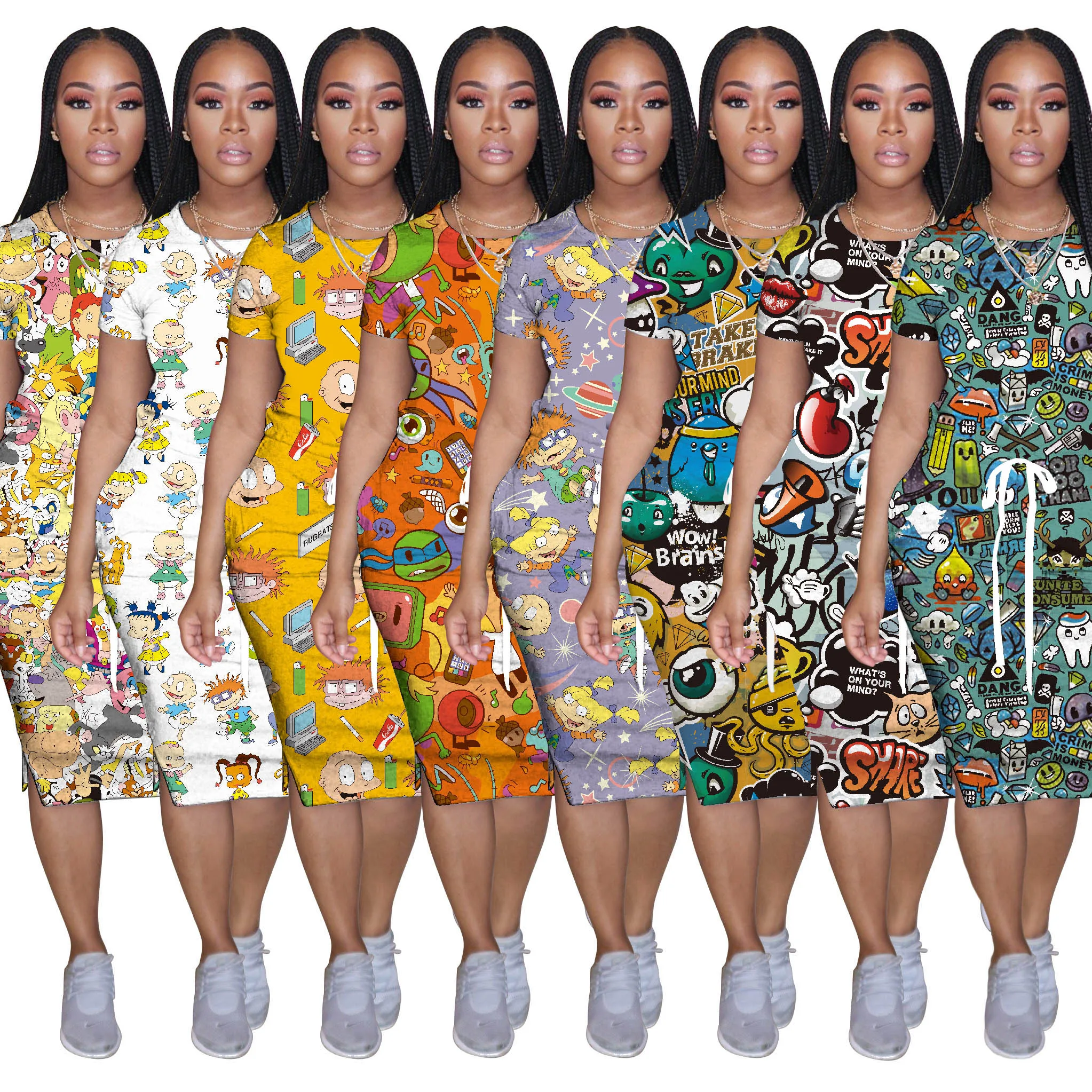 
2020 Summer Casual Multicolor Classic Cartoon Home Clothes Printed Tie-dye Dress Women 202005111082 