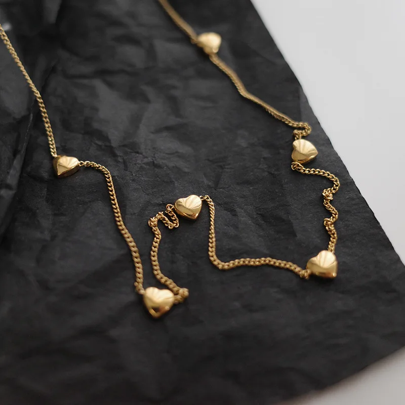 Three Dimensional Multi Heart 925 Sterling Silver Gold Plated Beaded Sweater Necklace