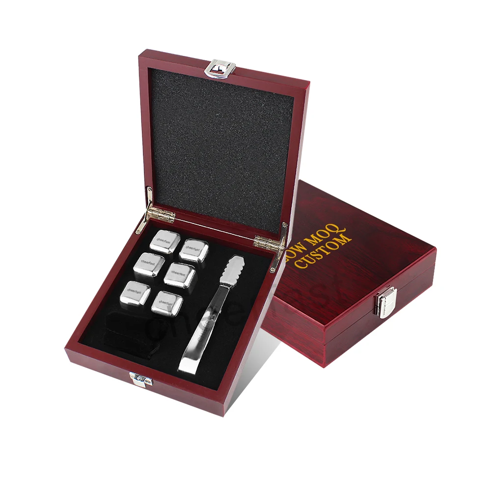 Хорошая идея многоразовые кубики для виски и вишни МДФ глянцевая деревянная коробка подарочный набор металлические 6 шт. серебряные охлаждения льда