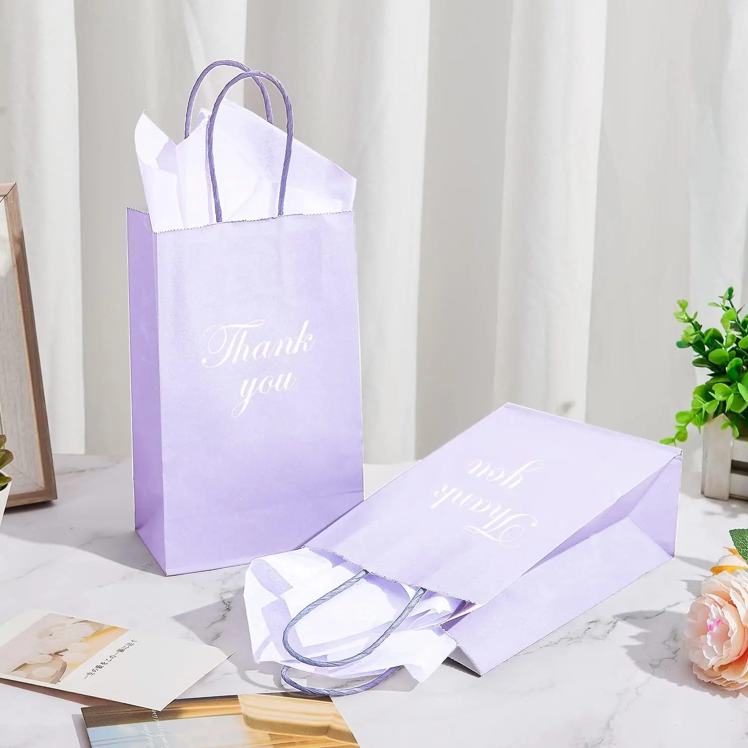 Custom Business Gift Birthday Wedding Shopping Biodegradable Square Bottom Purple Lavender Paper Bag