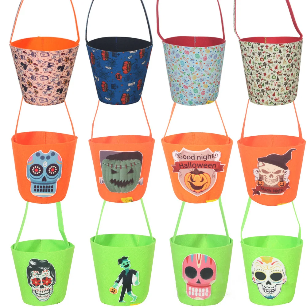 Party Supplies felt fabric Collapsible Snacks Candy Tote Bag  Pumpkin skeleton witch design  Halloween Bucket for children