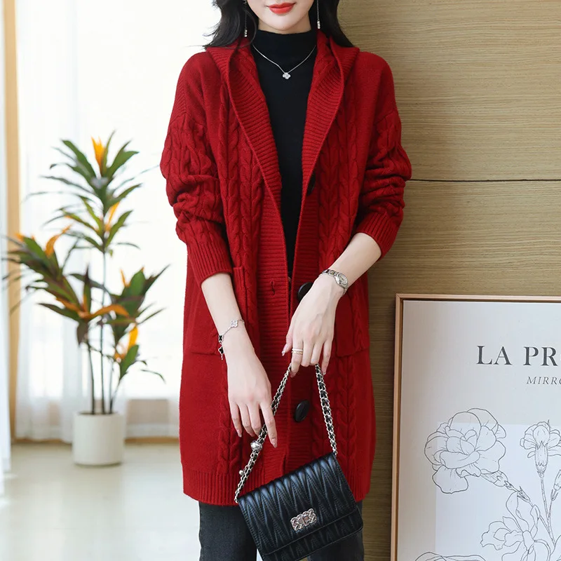 2025 spring new arrival fashion lady v neck long sleeve cable knit hoodies sweater coat