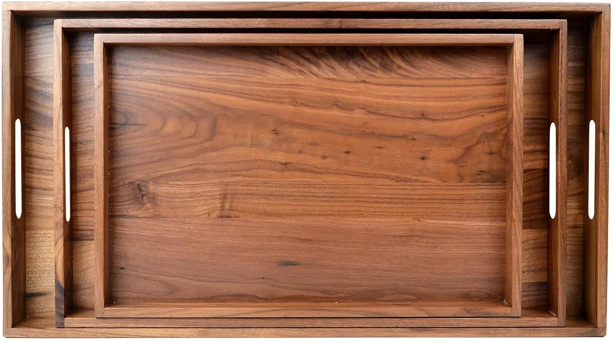 large rectangle walnut wooden serving tray with handle