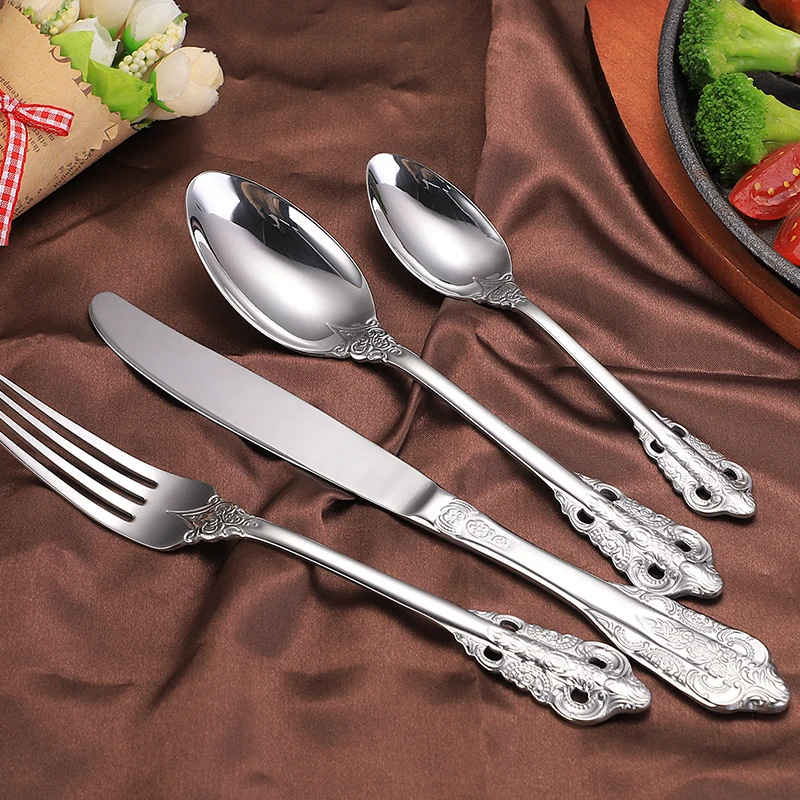 Vintage 18/10 Stainless Steel Food Grade Cutlery Sets,Baroque Style Flatware Sets For Wedding Events