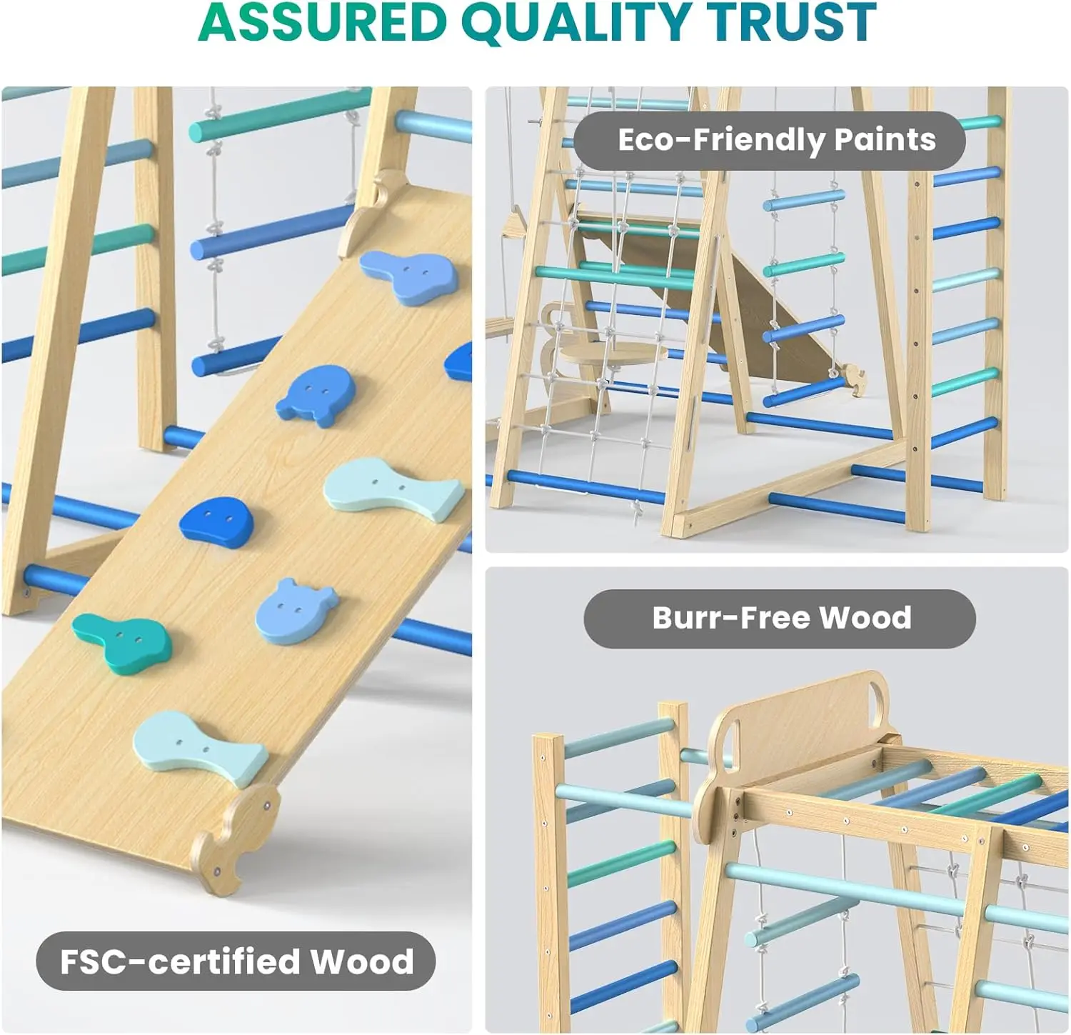 Indoor Playground 9-in-1 Jungle Gym Kids Climbing Toys, Montessori Waldorf Style Wooden Climber
