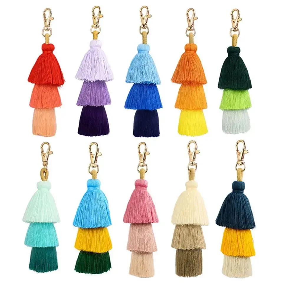 Handmade Bohemian Three-Layered Tiered Tassel Keychain Customizable Pendant Bag Charm for Handbags and Purse