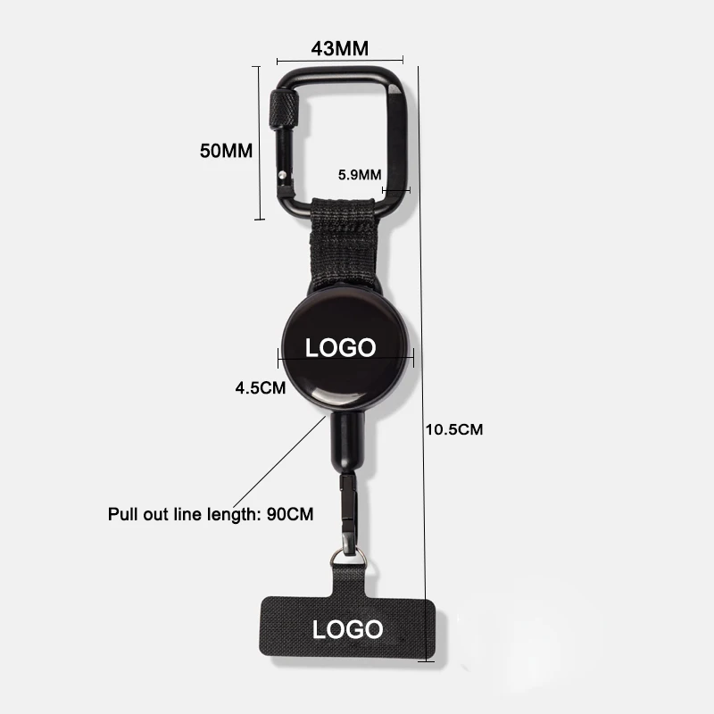 Custom logo Mult Function Lanyard Retractable Badge Reel Carabiner keychain with Stainless Cable Key Holder hook loop for phone