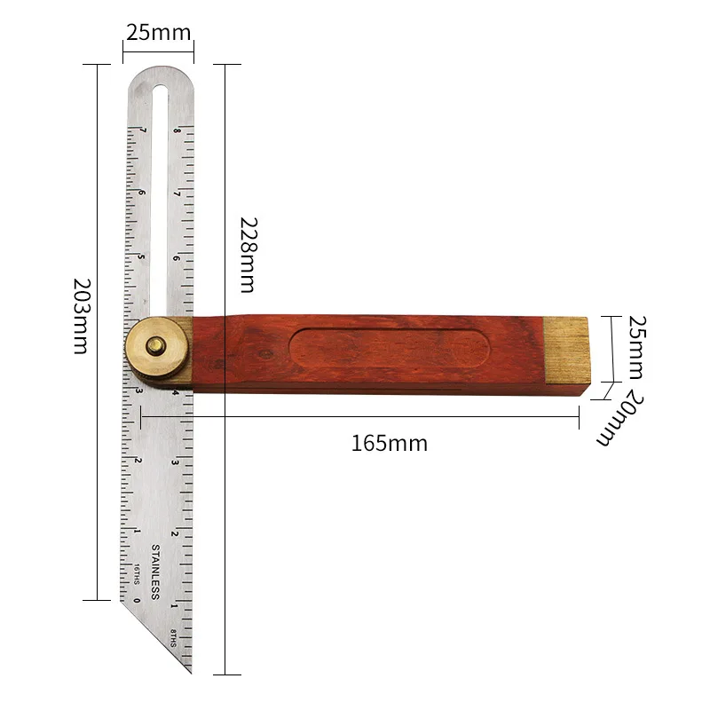 Hot sale red wooden handle adjustable universal 9 inch stainless steel ruler full metal multi angle measuring