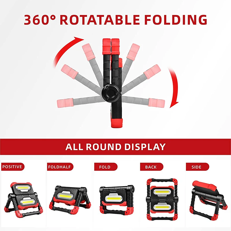 360 Degrees Rotation Folding Portable 20W LED Rechargeable 2 COB Work Light With Magnetic Base
