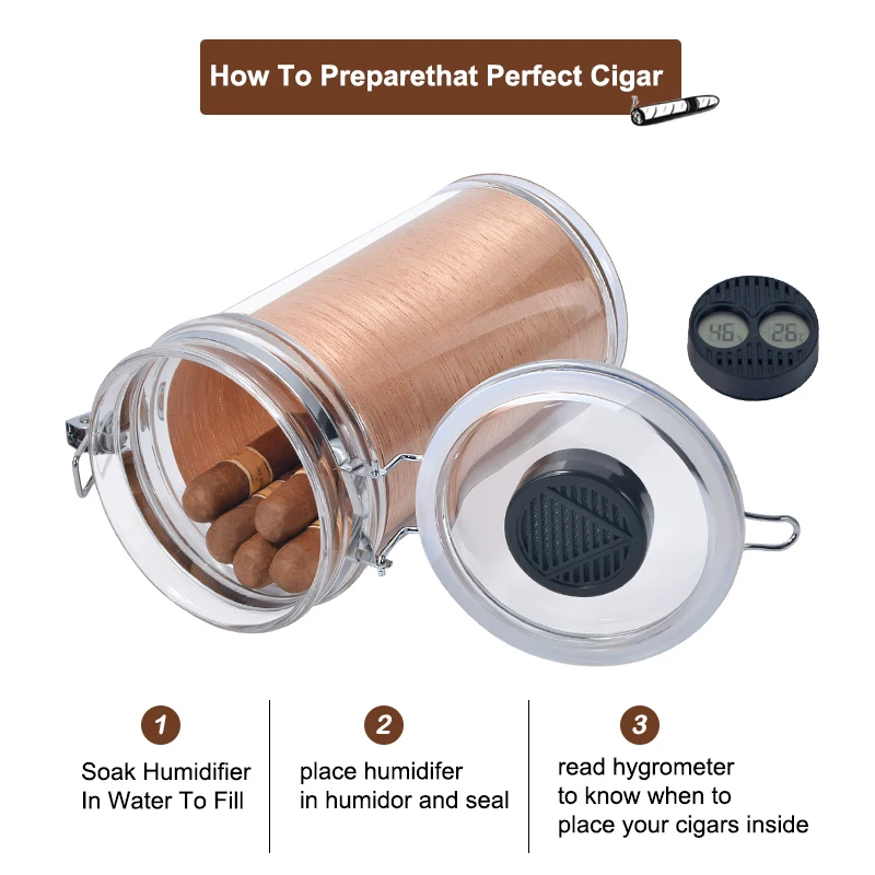 Creative Travel Cigar Humidor Acrylic Cigar Jar with Hygrometer and Humidifier
