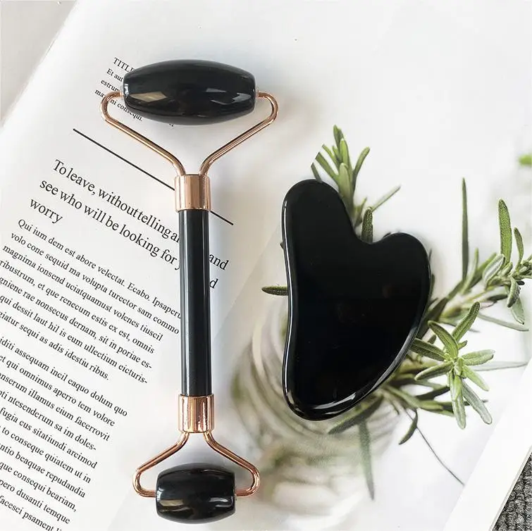 Free Custom logo jade roller Natural Black jade roller and gua sha Obsidian face facial rolelr massage tool
