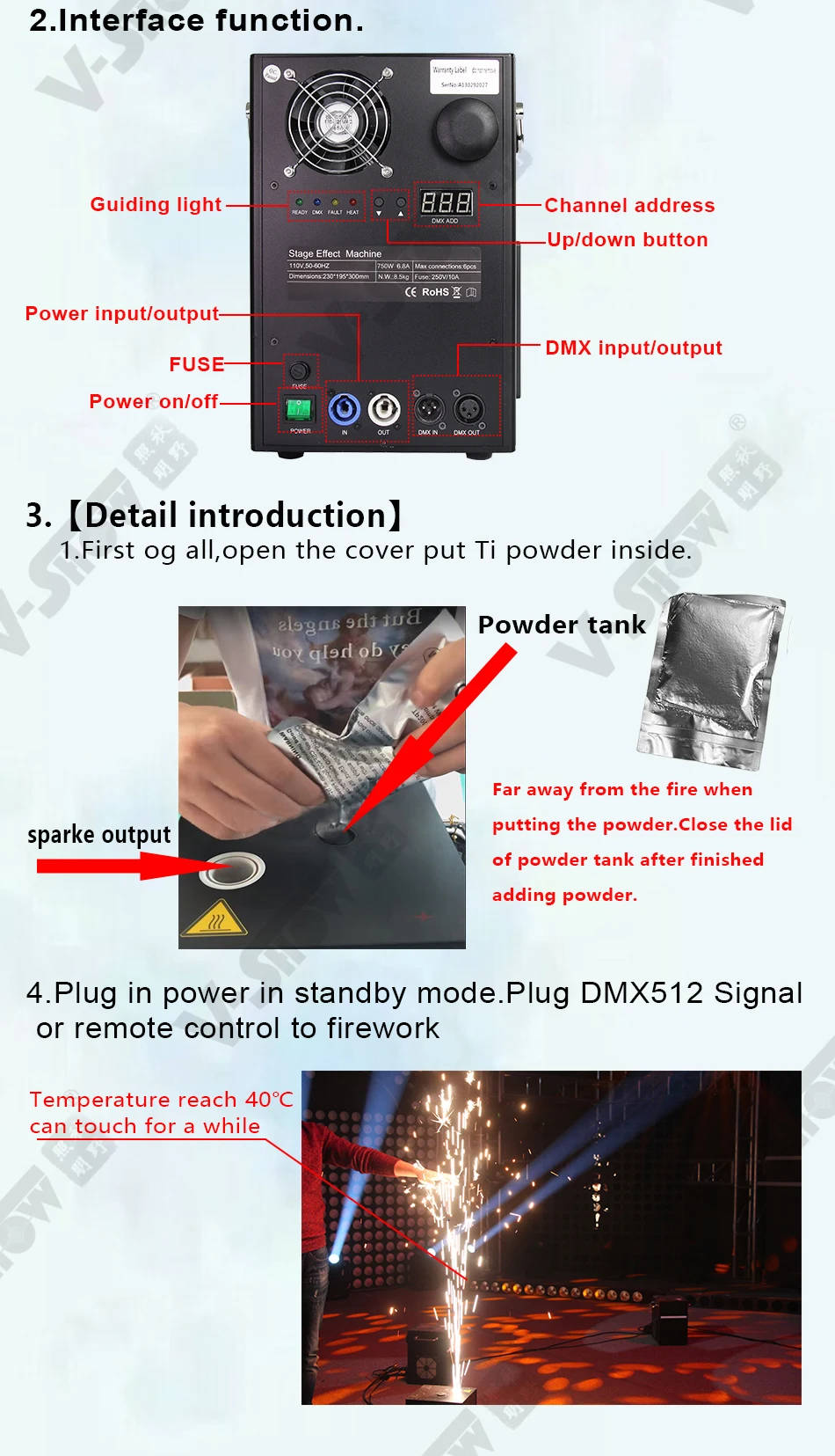 VSHOW CSF750 American hot sale 750w Cold spark fountain stage lighting equipment for Wedding party
