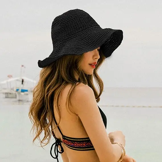 Straw Sun Hat Foldable Packable Wide Brim Summer Beach Hat Crochet Bucket Hat for Women