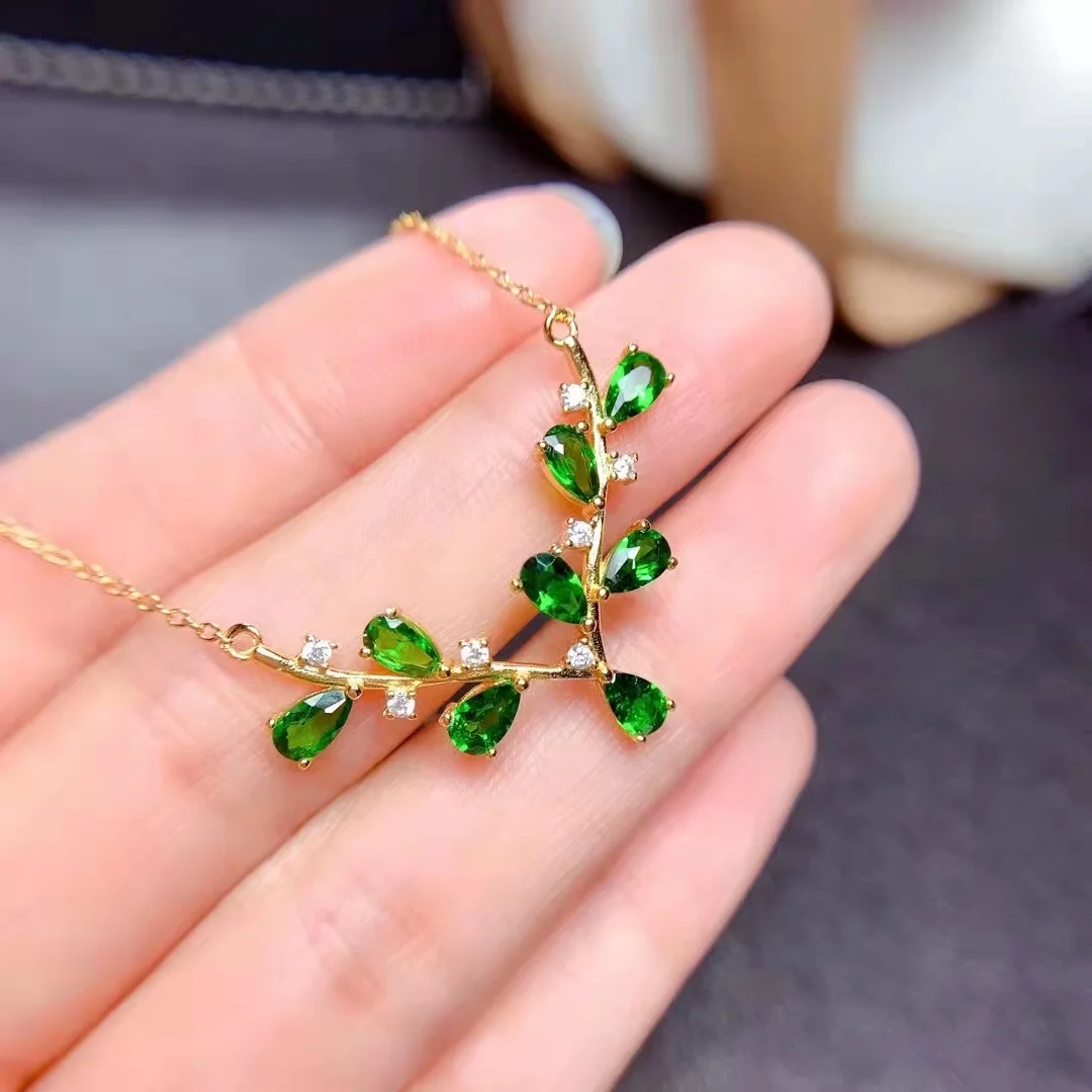 Natural Russian diopside antler pendant gold plated green necklace