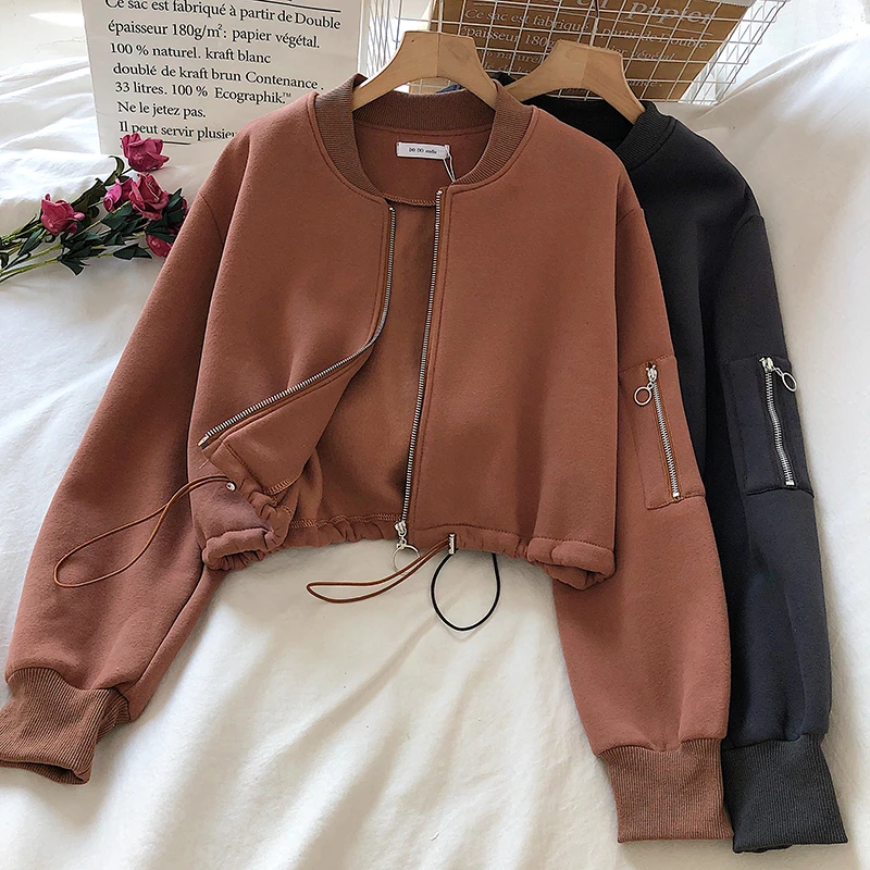 Winter Korean style hem drawstring tie round neck zipper  pullover bubble sleeve solid color crop top jacket
