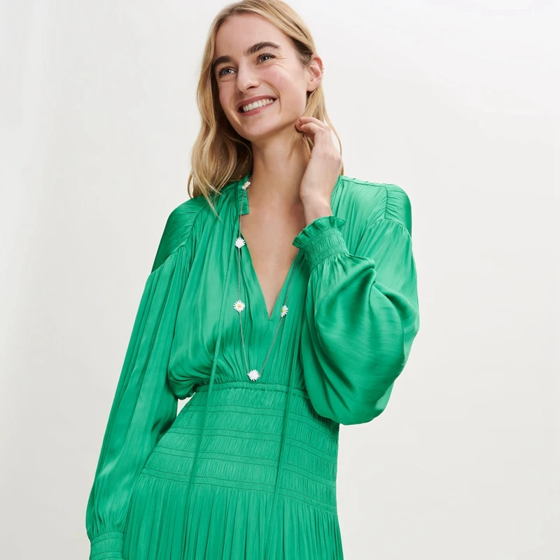 MAJE 2022 Summer Green Long Satin Elastic Waist V-neck Midi Dress Brand New Arrive France Paris High Quality