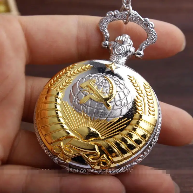 Vintage USSR Soviet Badges Sickle Hammer Pocket Watches Necklace Bronze Pendant Watch For Women Men Birthday Gift 2021