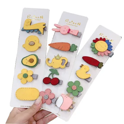 
New design fashion 5 pcs/set baby girl accessories cute color flower fruit avocado kids hair clip 
