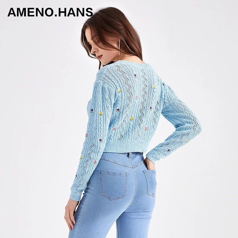 Natural style embroidery cardigans wholesale women knitted cotton cardigans