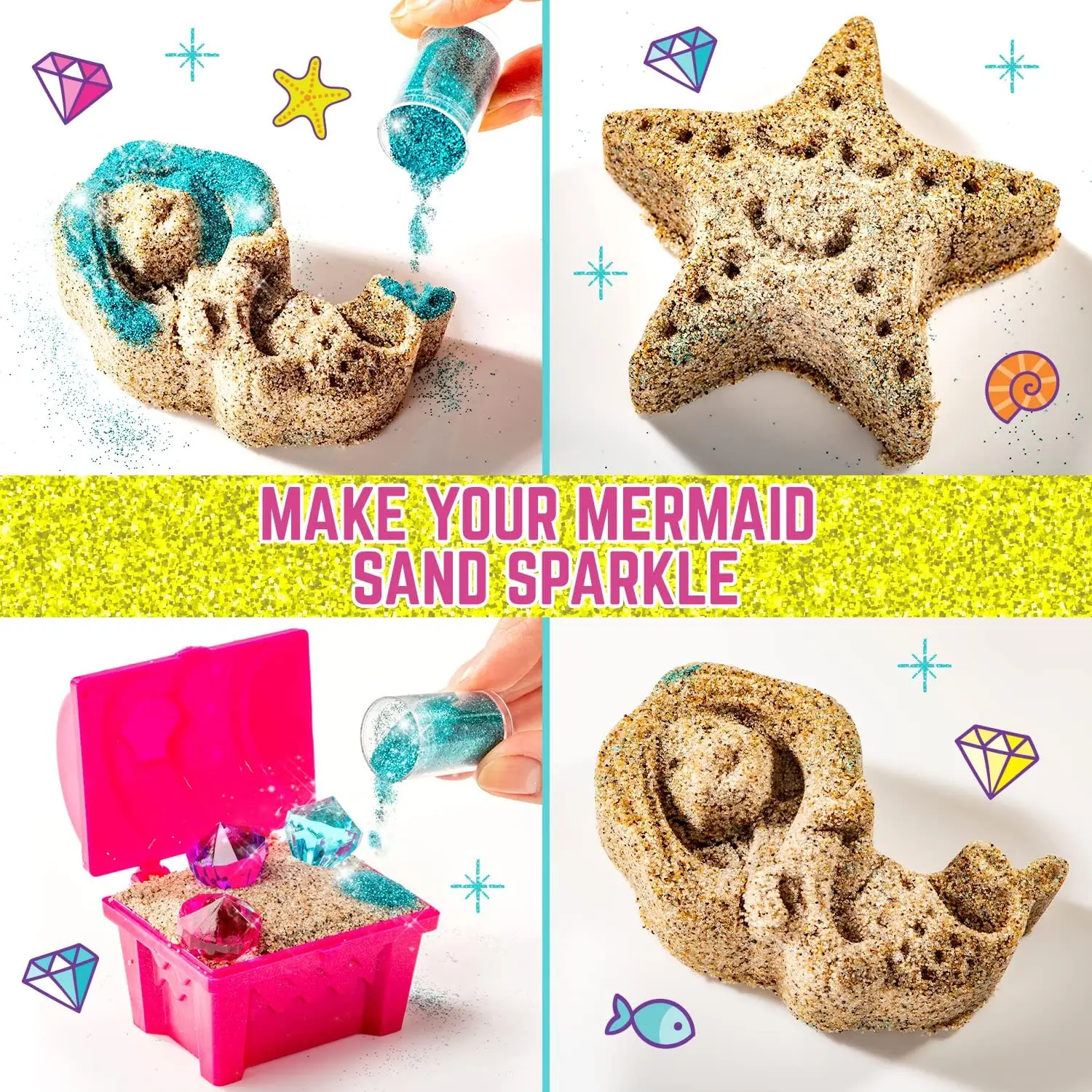 Mermaid Sensory Sand Kit, 2lbs Moldable Play Sand for Kids Aged 3+, Magic Sand with Gems, Tools & Portable Treasure Chest