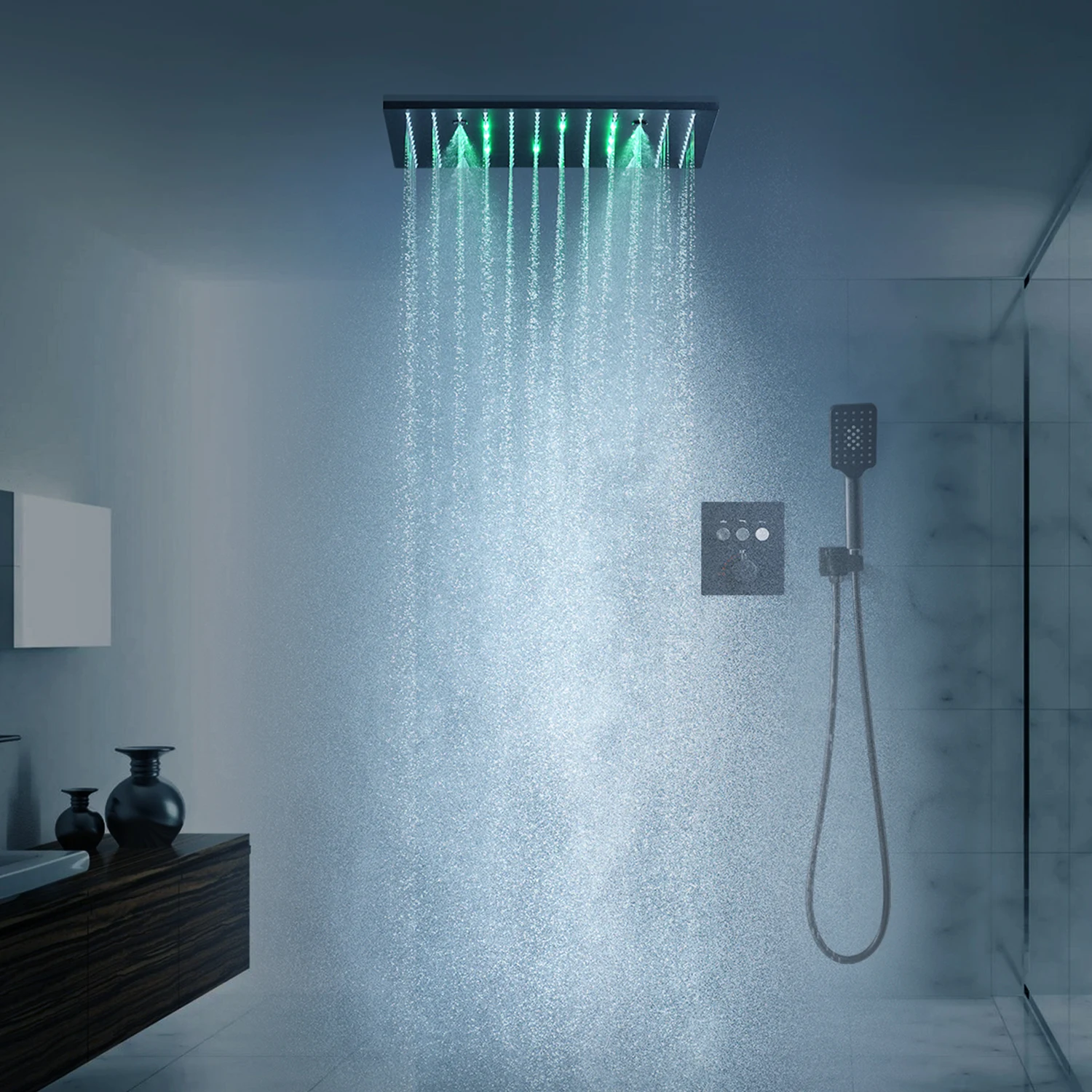 16' Matte Black Shower Set Ceiling Mounted Rain Mist Showerhead Water Power LED Lights Bathroom Thermostatic Bath