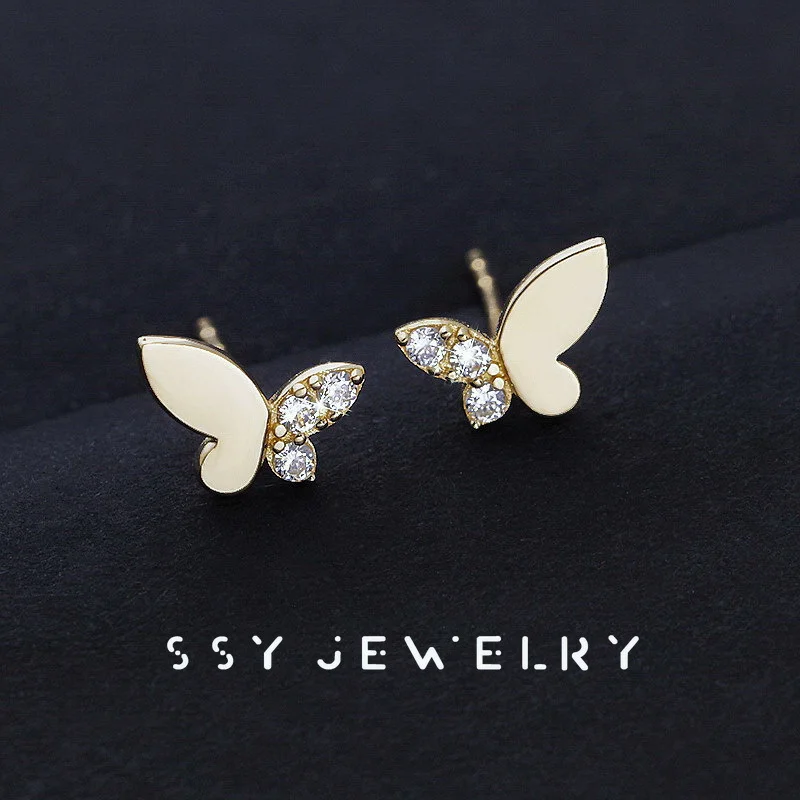 KREH45 S925 Sterling Silver Plated 14K Gold Butterfly Earrings Japanese Korean Style Zircon Inlaid Super Immortal Jewelry
