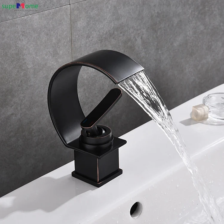 Modern Bathroom Mixer Tap Black Gold Wash basin Faucet Single Handle Hot and Cold Waterfall Basin Faucet