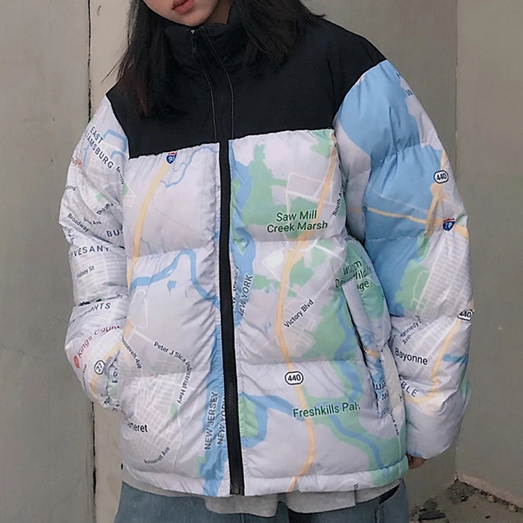 Custom All Over Printing Patchwork Stand Collar Ready Slim Fit Unisex Windbreaker Couple College Puffer Winter Jacket For Men