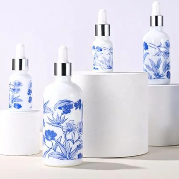 Заводская распродажа, 5 унций, 10 мл, 15 мл, 30 мл, 50 мл, 100 мл, белая фарфоровая стеклянная бутылка-капельница с синей вазой