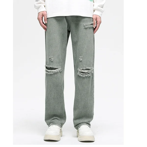 Custom Y2K retro baggy jeans green washed loose destroyed ripped wear holes solid jeans homme