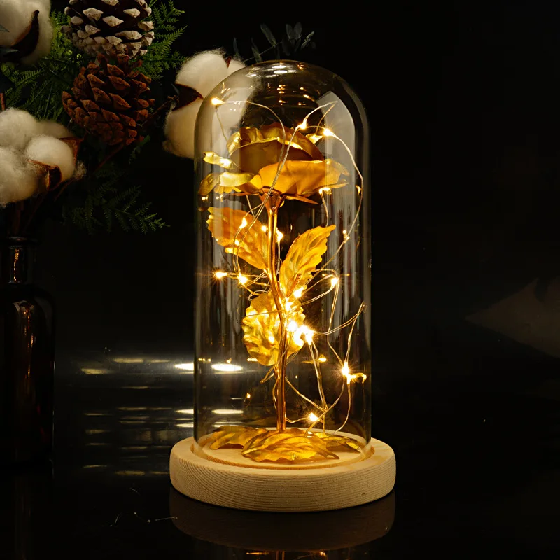 Luxury artificial rose flowers golden leaf rose table decoration light glass dome holiday gift led light rose flower