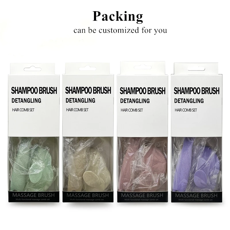 Custom Logo Eco-Friendly Wheat Straw Flexible Bristles Detangling Wet Brush Scalp Massager Shampoo Brush Set For Hair Growth