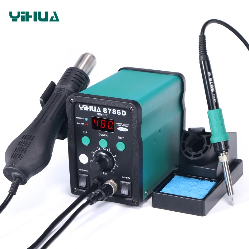 YIHUA 8786D SMD rework Soldering Station 740W 2 in 1 Digital Display Hot Air Gun Solder Iron