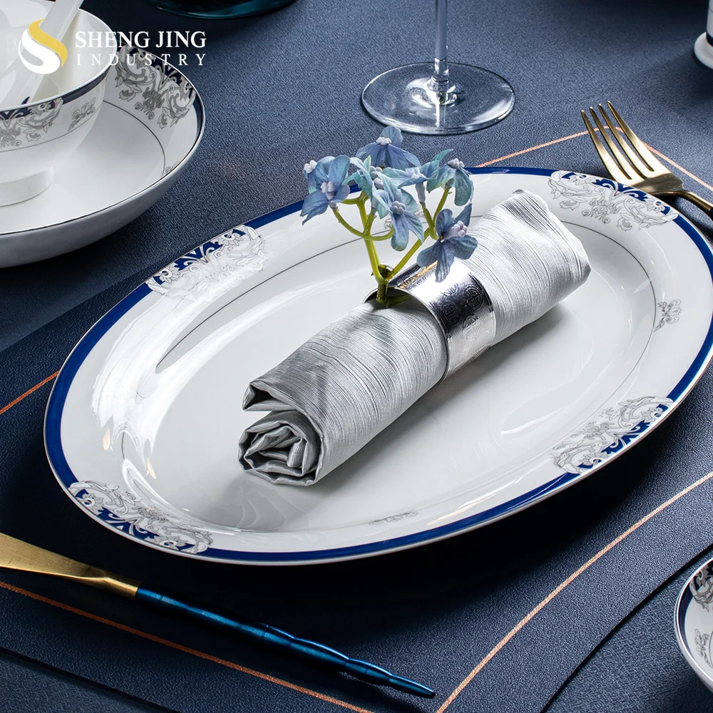 Royal Luxury White Ceramic Bone China Blue Edge Dinner Plate Bowl Gift Set Dinnerware For Restaurant Hotel Household