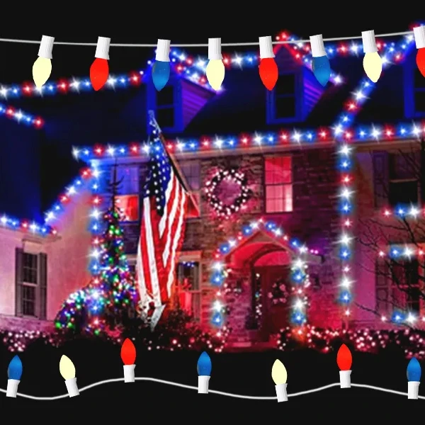 USA Patriotic Celebrations Decor UL 25 Count E12 5W Red White Blue C7 String Lights Incandescent Bulb for Home Party Yard Patio
