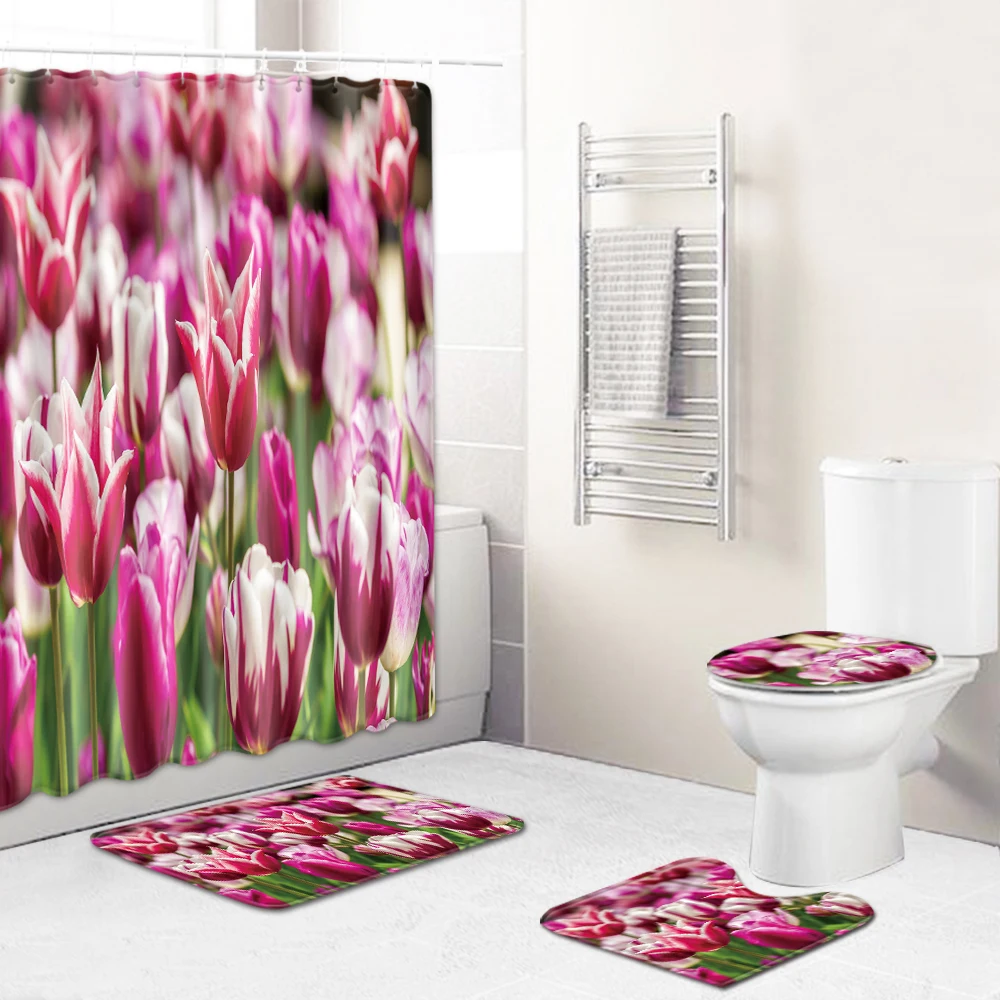 3d print bathroom curtains bee Four-piece set with bath rug toilet seat cover mat, shower curtain toilet floor mats