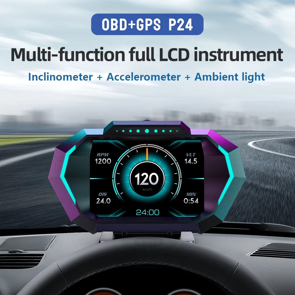 P24 Car Head-Up Display HUD LCD OBD GPS Speedometer LED Display Type for Water Temperature Fuel Consumption Speed Motorcycles