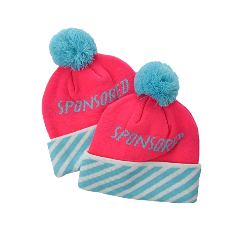 Fashionable cute pink pompom colors cap warm hat children beanie hat kids winter hats