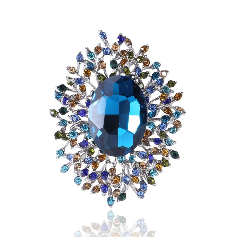 Korean Luxury Large Blue Pink Crystal Rhinestone Brooch