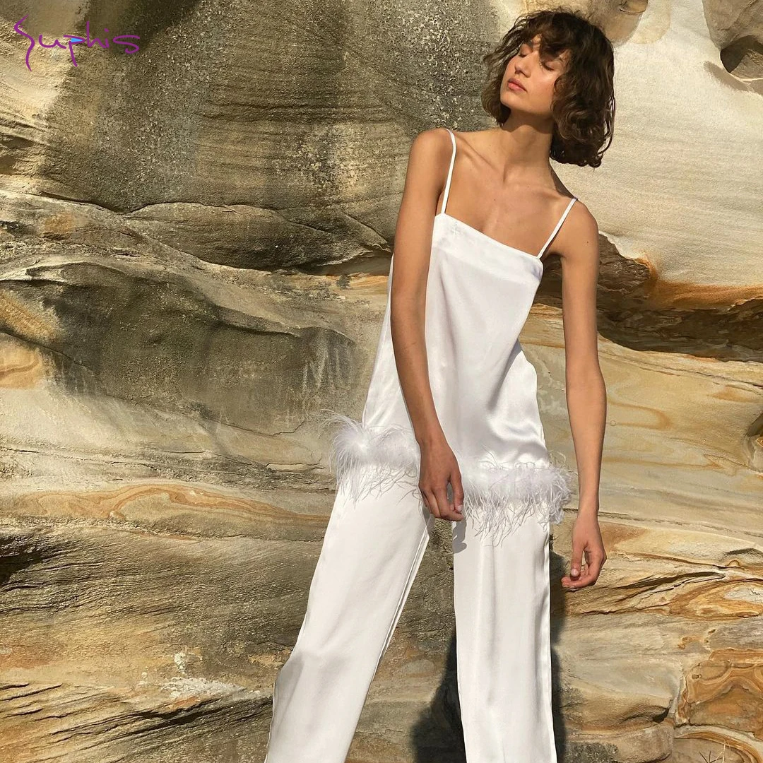 Suphis Female Sleepwear Sets With Pants Satin Spaghetti Strap Tops Sleeveless Casual Suit Feathers Pajamas Women 2 Piece Set
