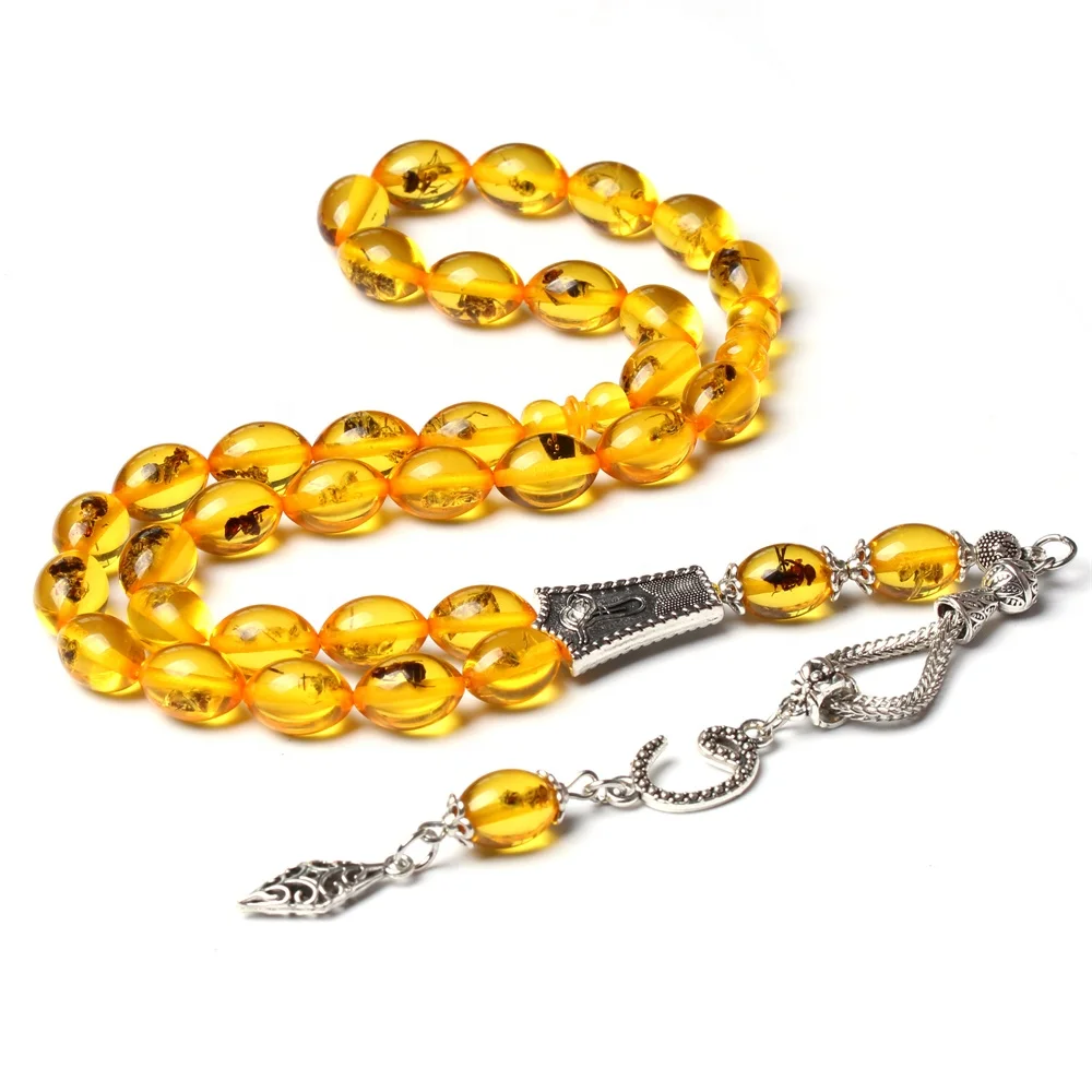 Amber Color Tasbih Real insect Gold Resin misbaha Islamic Rosary Fashion 33 muslim prayer beads turkish accessories Trabizon