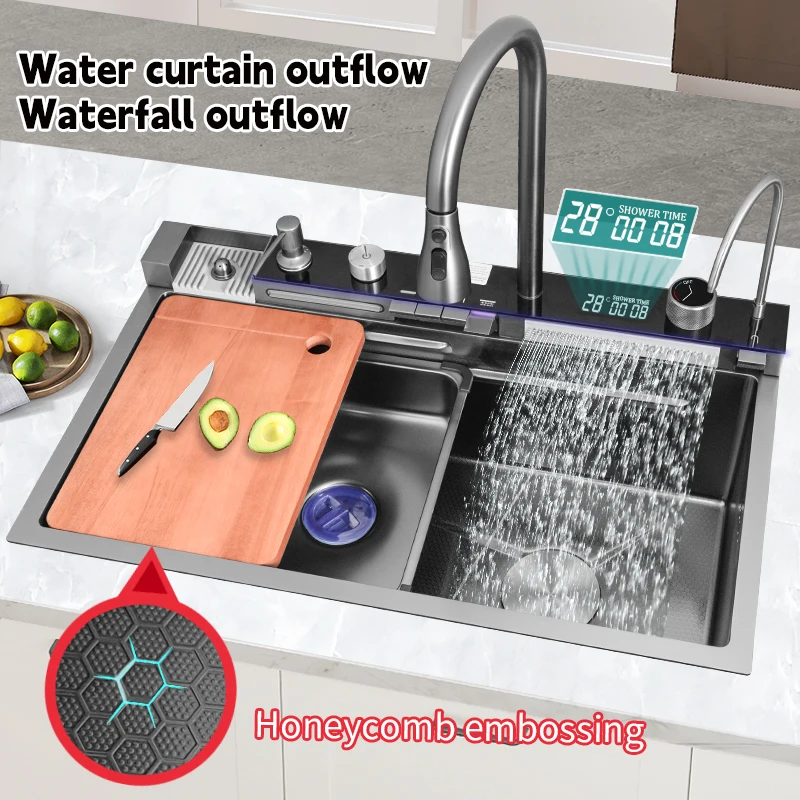 Luxury Countertop Smart Digital Kitchen Sink Waterfall Multifunctional Kitchen Sink Set 304 Stainless Steel