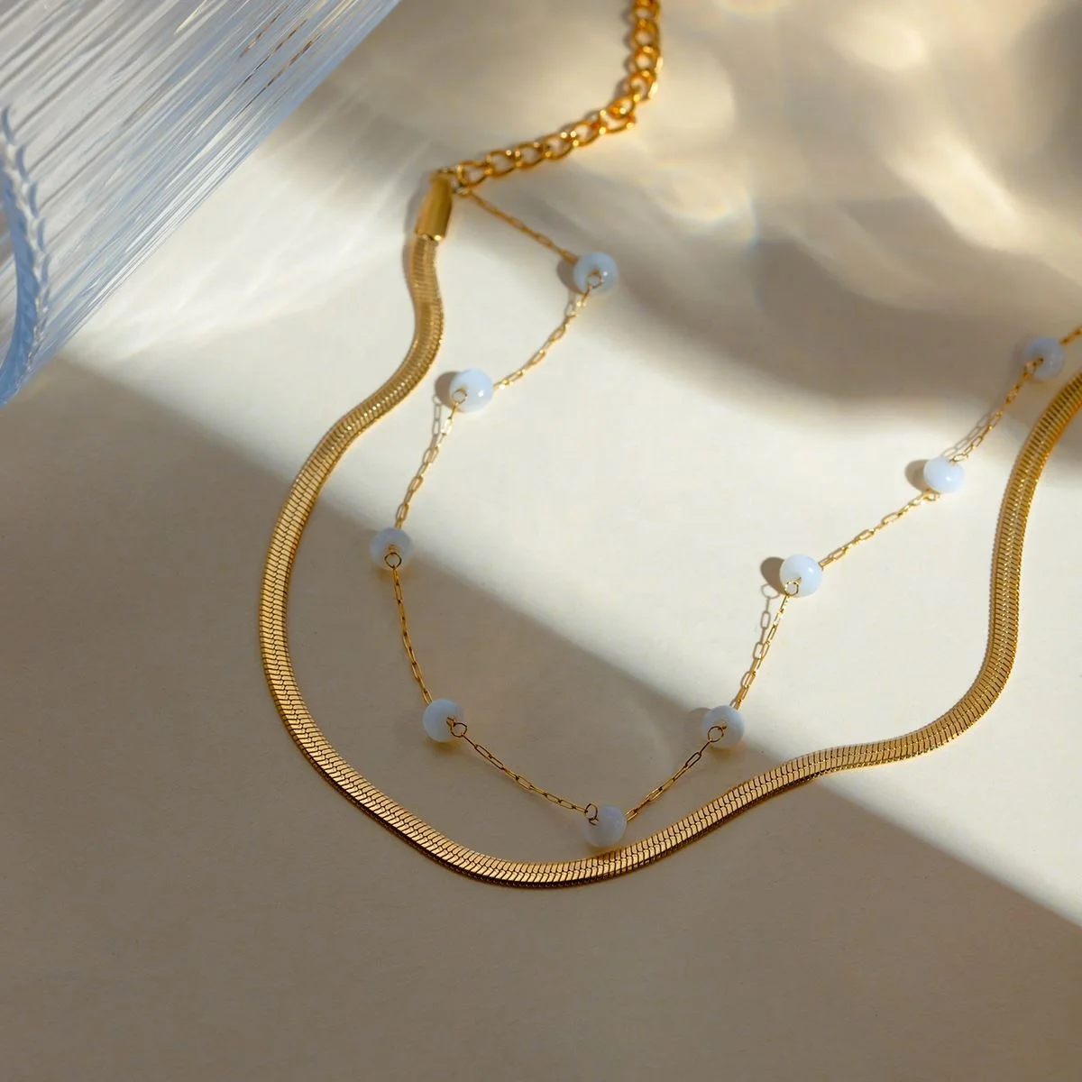 A335 18K Gold Plated Stainless Steel Blade Chain Flat Snake Chain Round Shell Bead Anklet