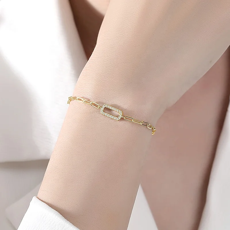 YINSAKI 925 Silver Bracelet Paperclip Chain 14K 18K 22K Gold Plated Zircon Gemstone Jewelry